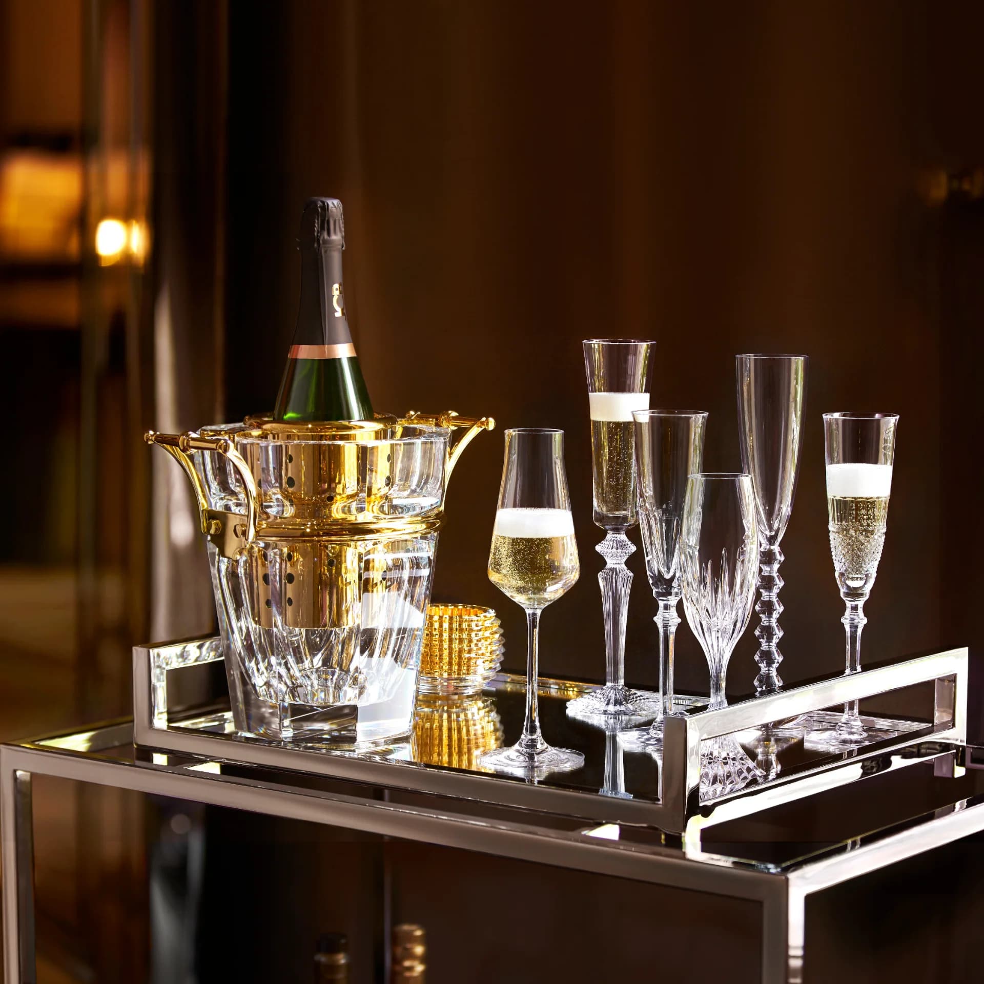 A collection of sparkling crystal glassware.