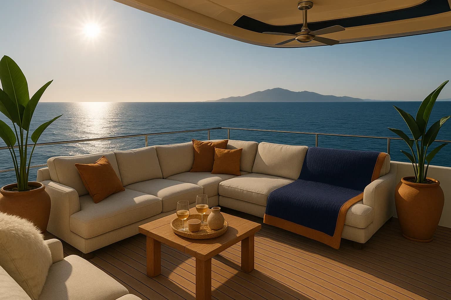 A beautifully set table on a superyacht, looking out to the ocean.