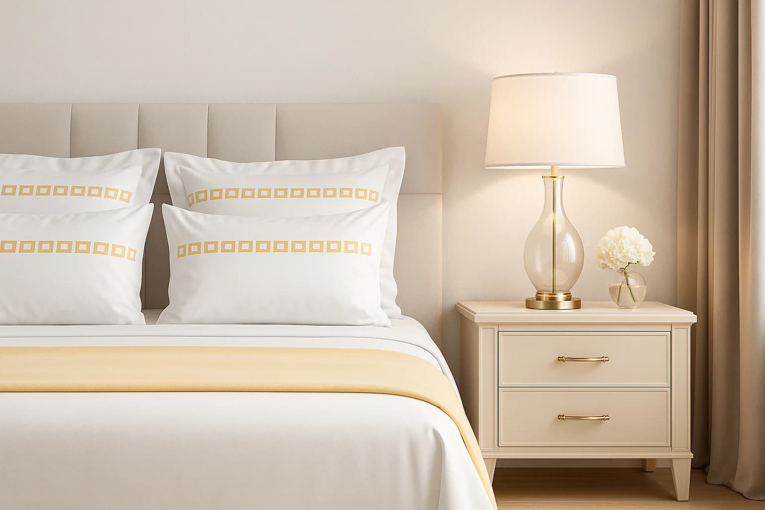 A High Thread Count Luxury Bedding Set With Gold Embroidery And A Yellow Cashmere Throw